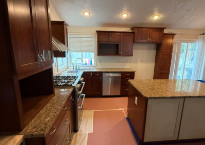 Kitchen interior with warm lighting and painted walls