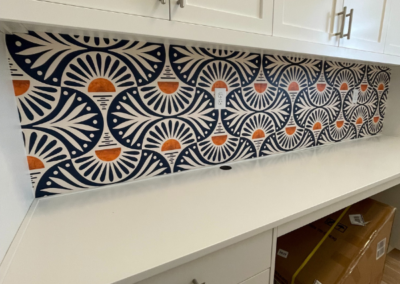 Decorative wallpaper backsplash installation in kitchen