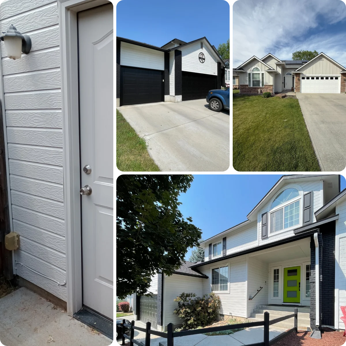 Exterior residential painting across garage, siding, and full home finishes