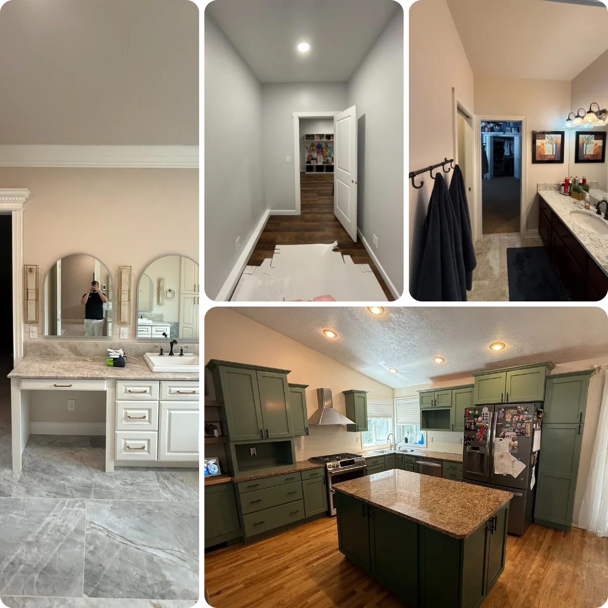 Clean interior painting work featuring bathroom, hallway, and kitchen spaces