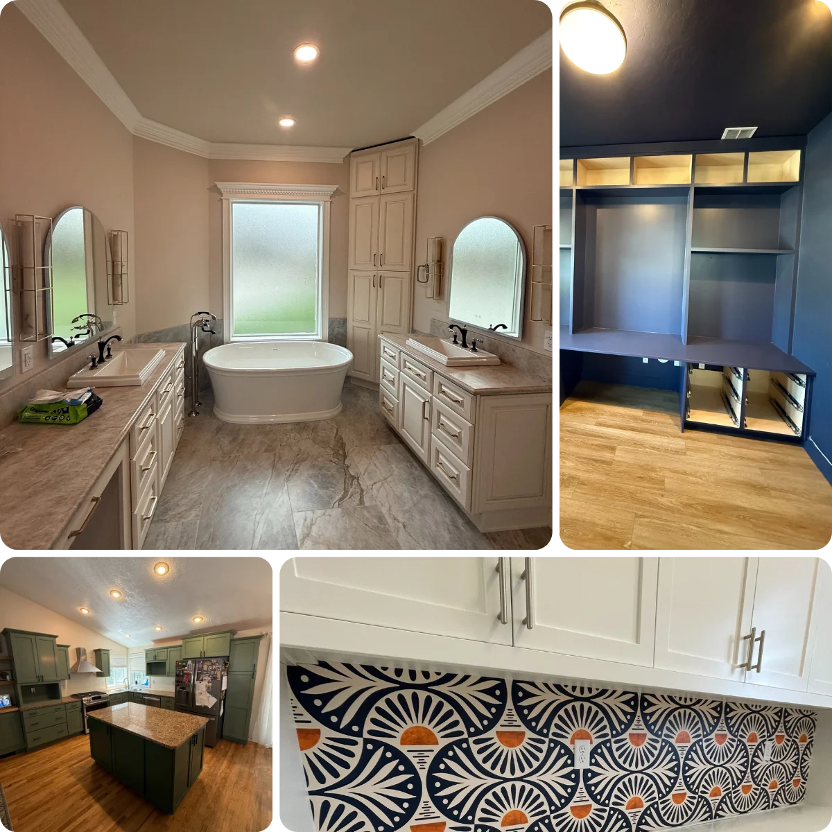 Residential interior painting results including bathroom, closet, living space, and detailed finishes