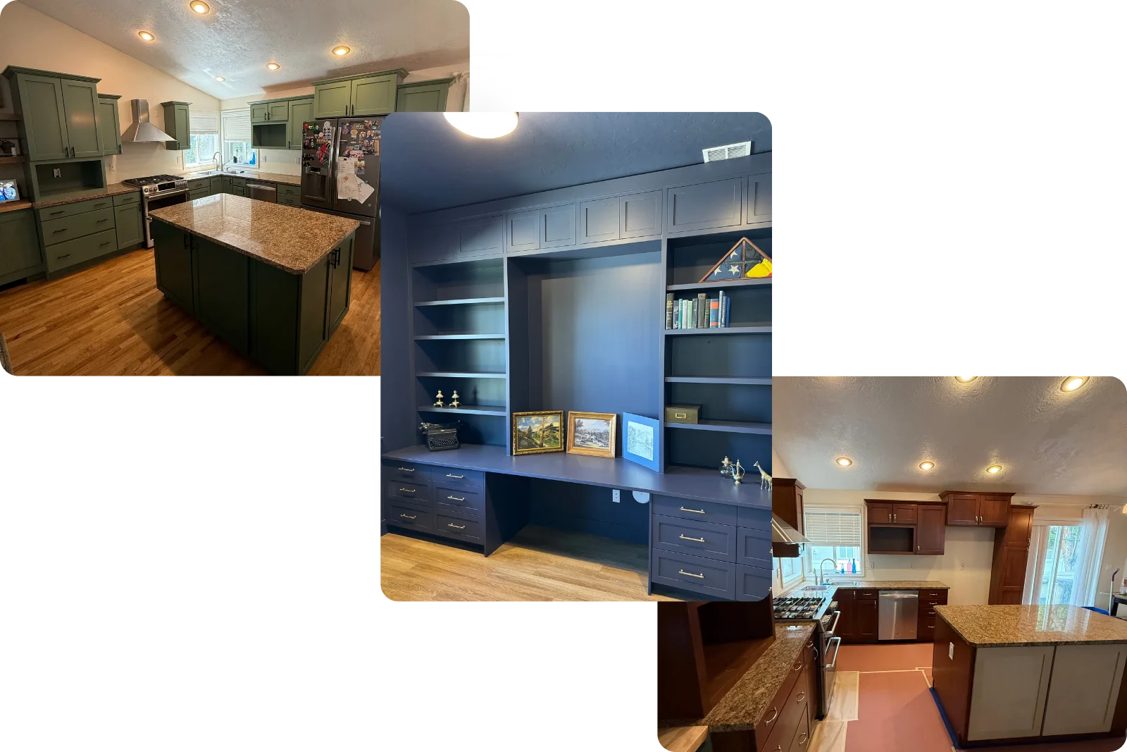 Cabinet refinishing results showing kitchen cabinets and painted finishes