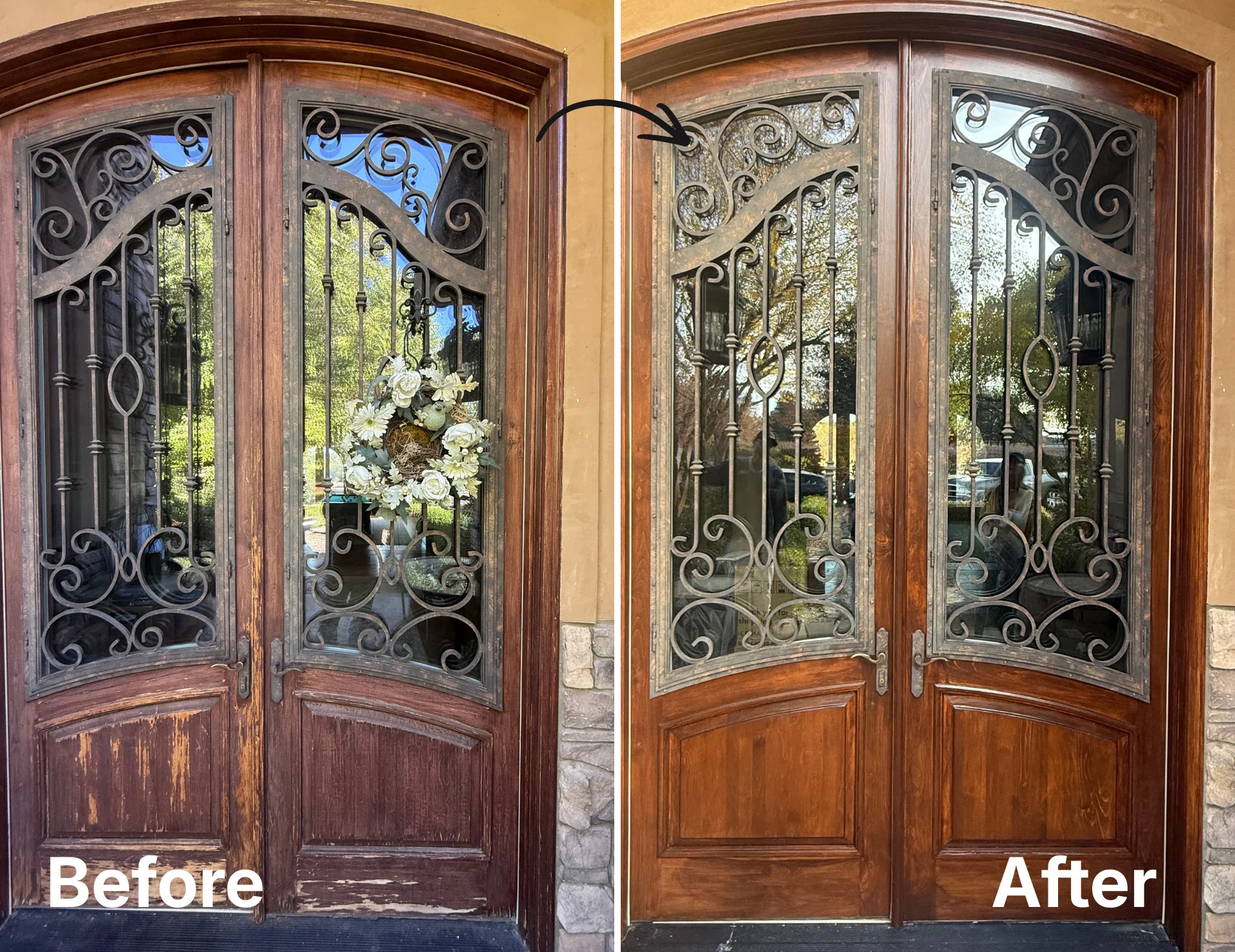 Wood front doors showing before and after staining finish