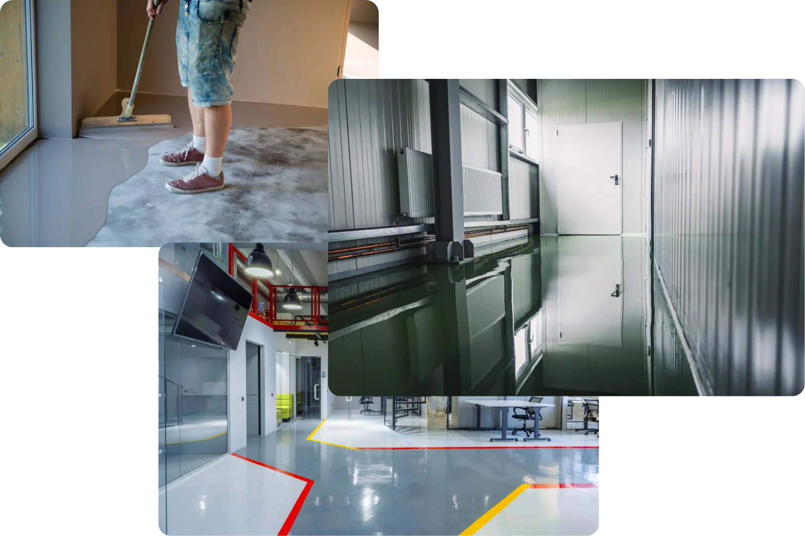 Epoxy flooring installation showing residential garage, commercial kitchen, and industrial floor finishes