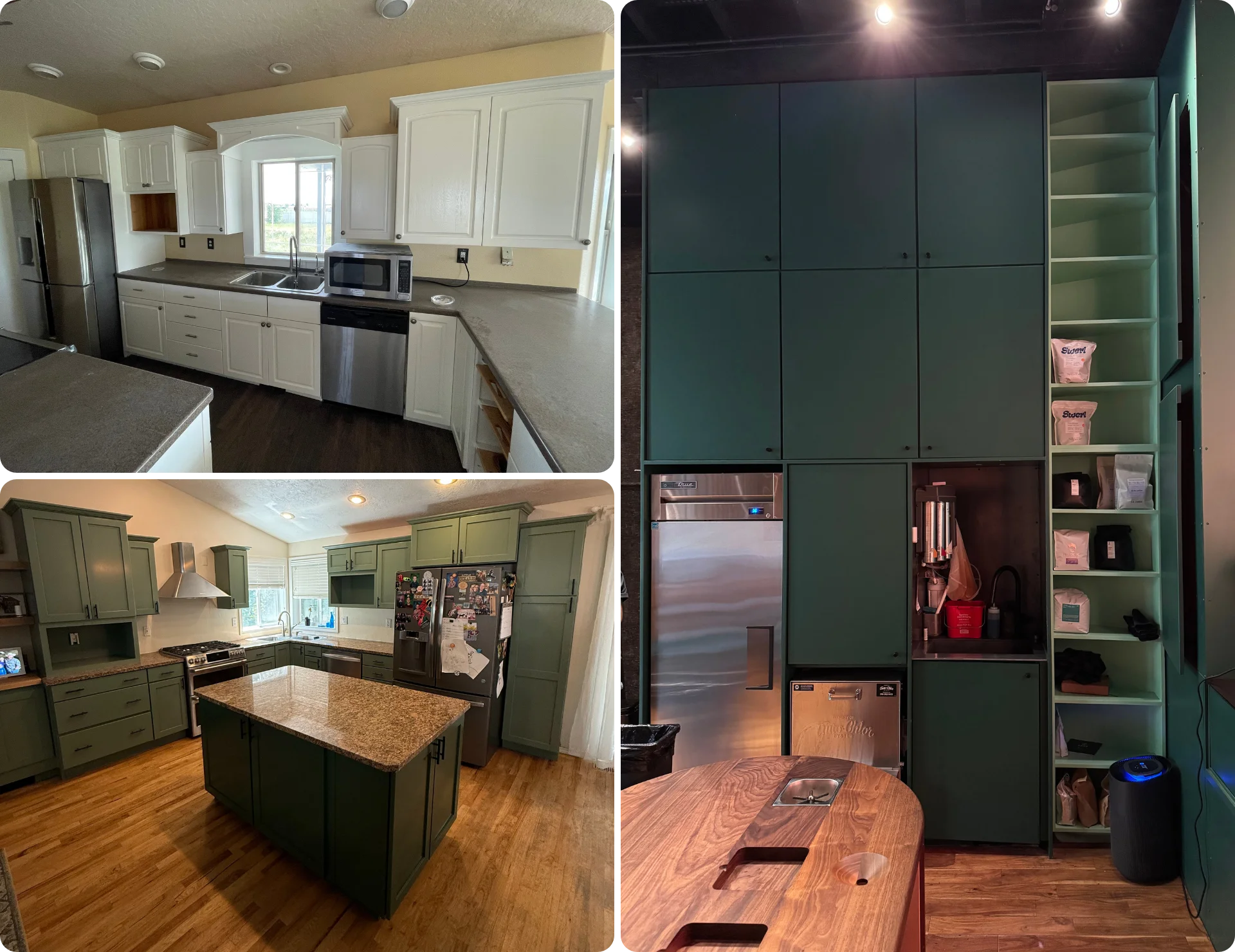 Cabinet surfaces showing doors, frames, and materials before refinishing