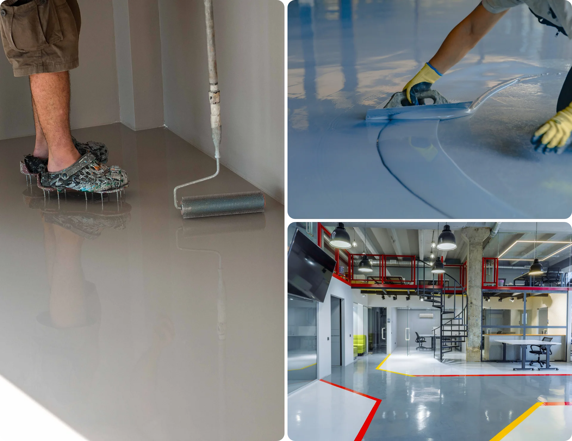 Concrete preparation showing moisture testing, surface grinding, and epoxy coating application