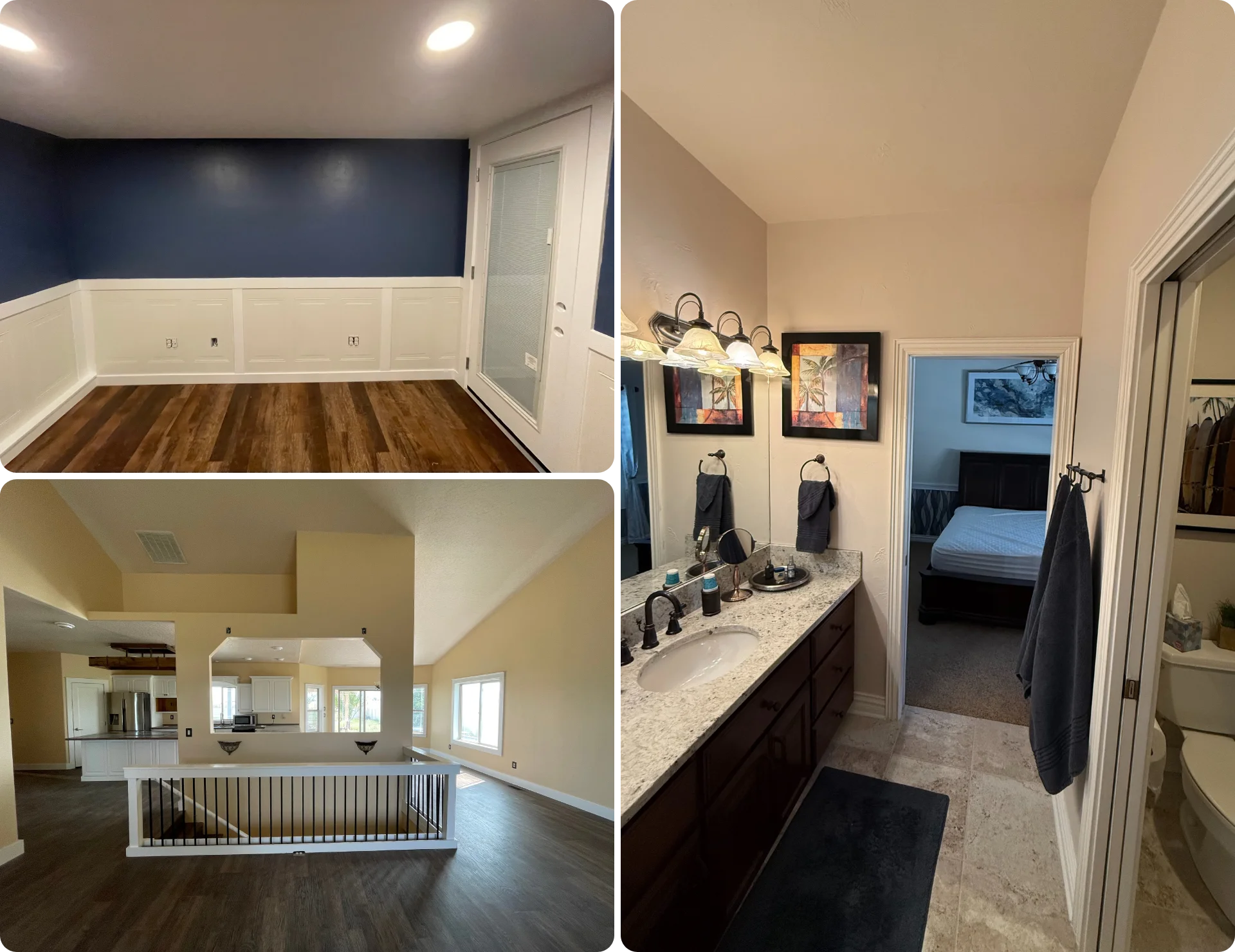 Interior spaces showing walls, ceilings, and trim before painting preparation