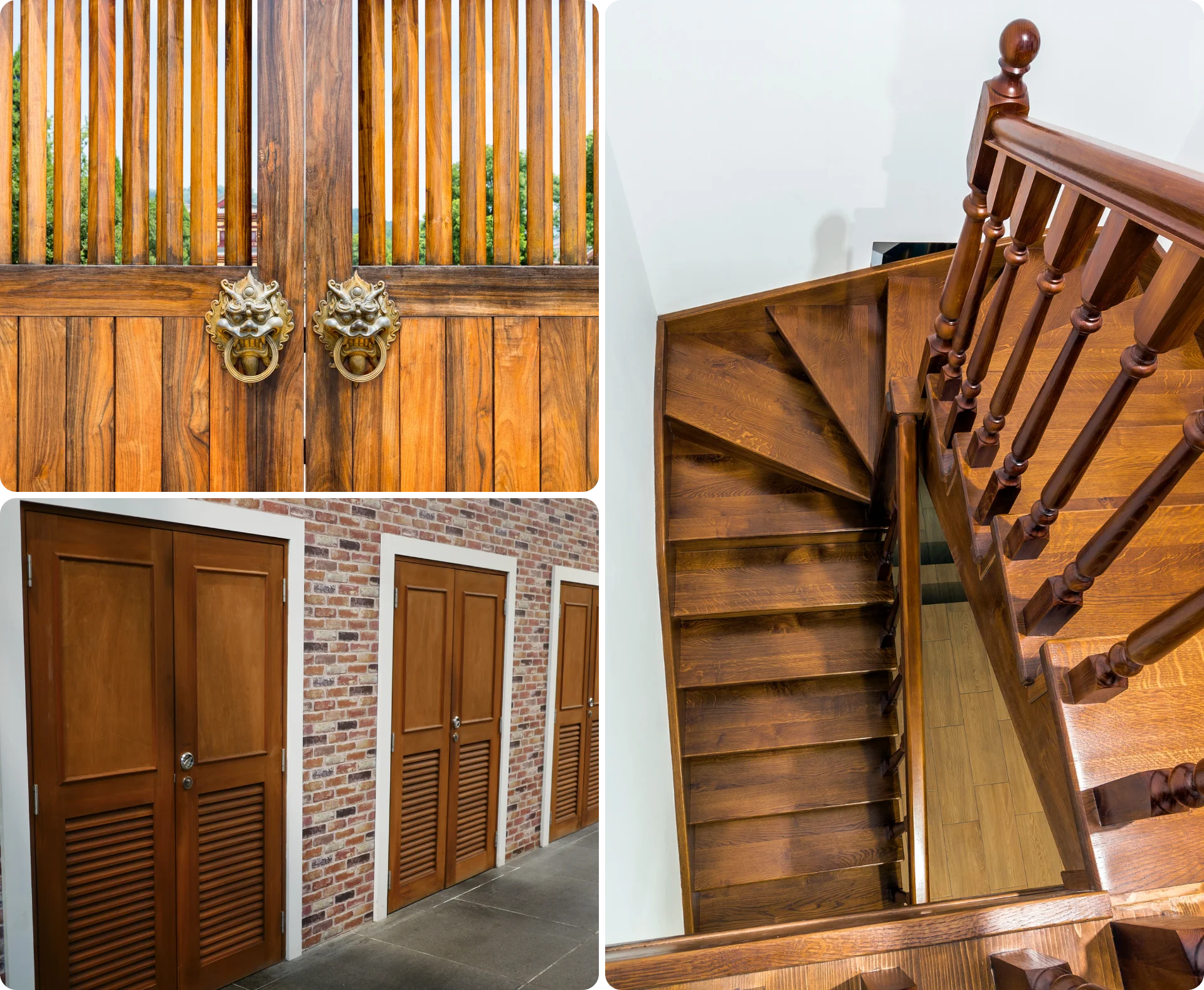 Wood surfaces including doors, panels, and staircase showing condition before staining