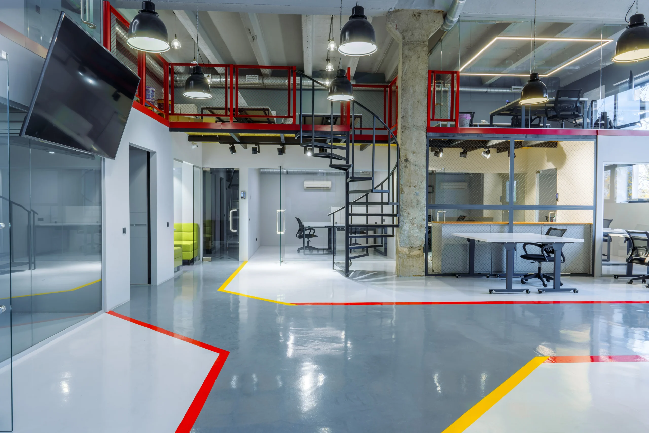 Industrial facility with epoxy flooring and safety line markings