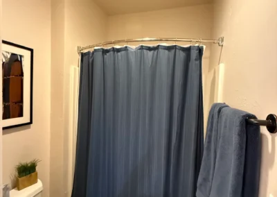 Shower area with curtain and painted walls