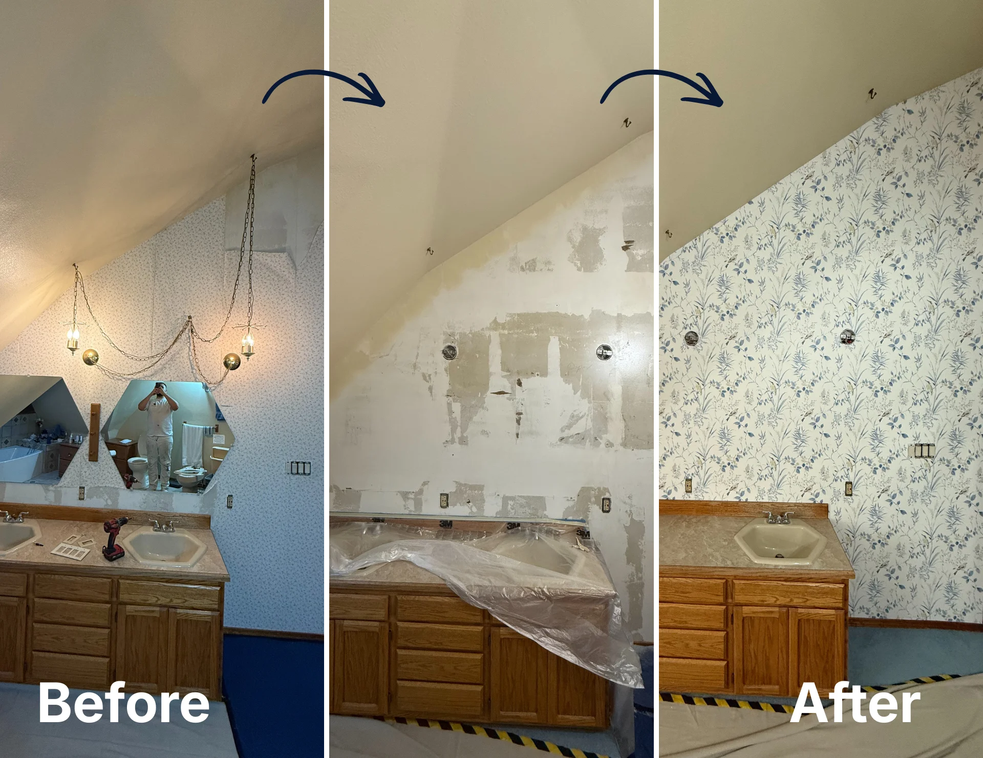Wallpaper installation before and after showing wall transformation