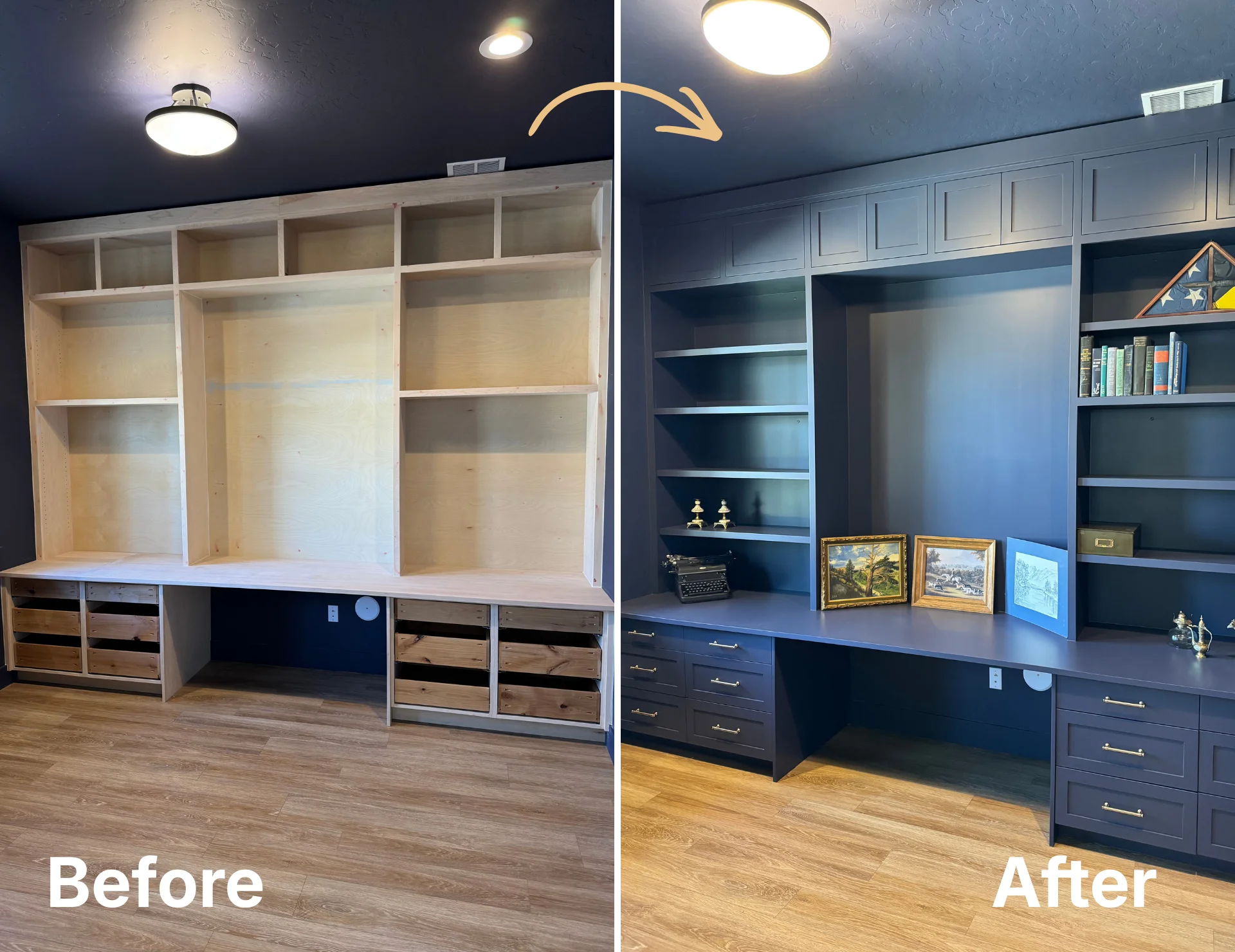 Cabinet refinishing before and after showing painted finish transformation