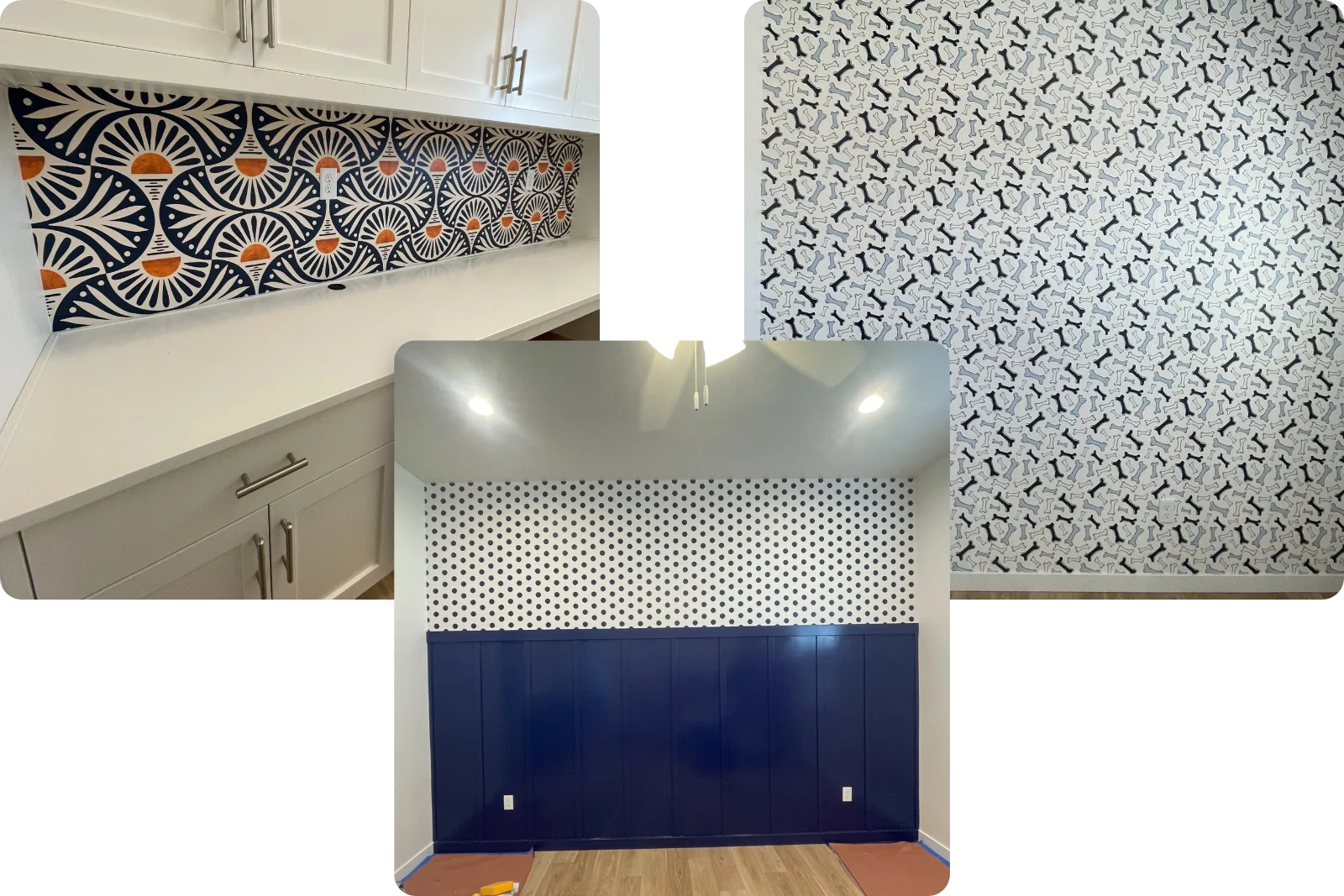 Wallpaper installation results showing patterned walls and finished interiors
