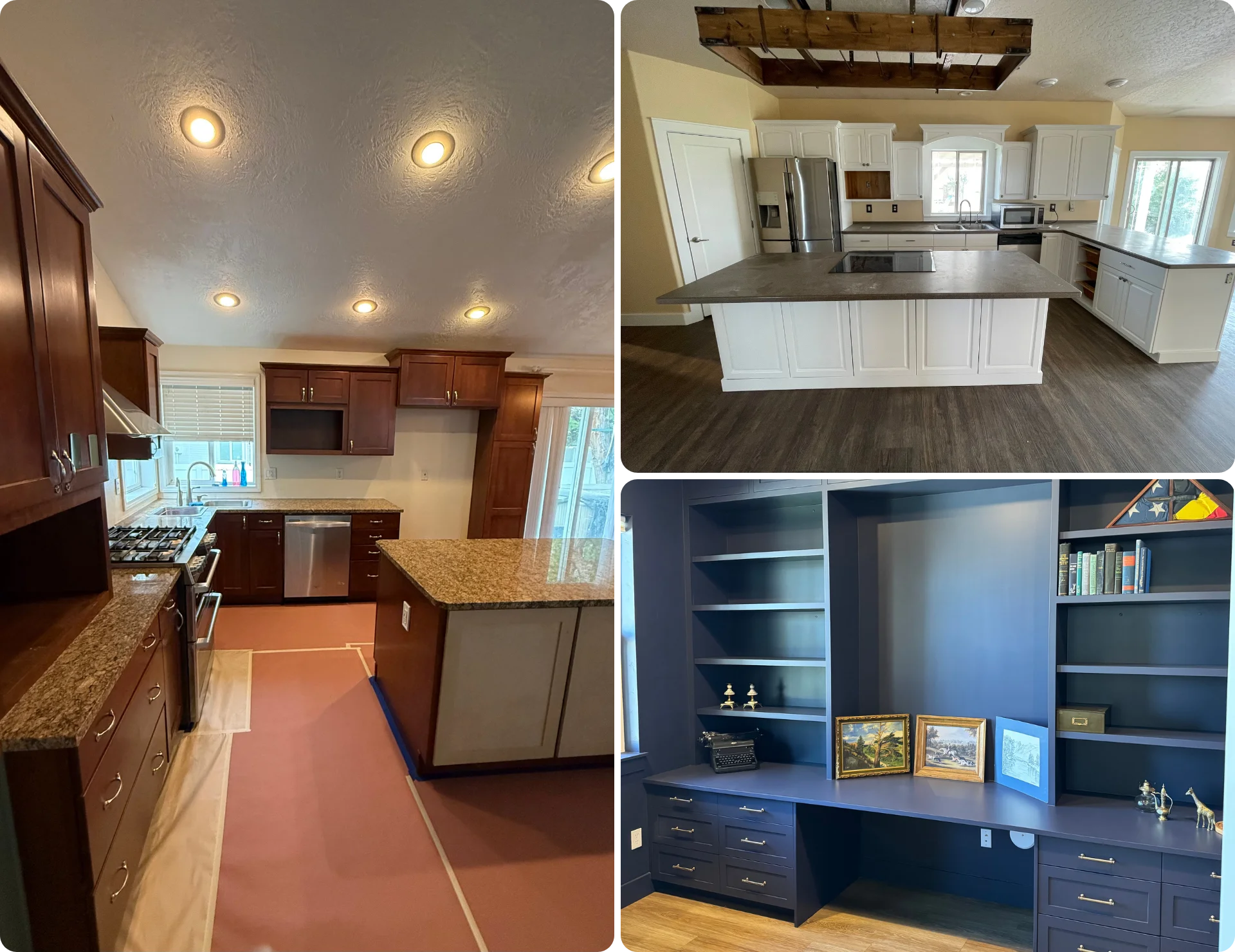 Kitchen cabinets with painted finishes, shelving, and storage areas