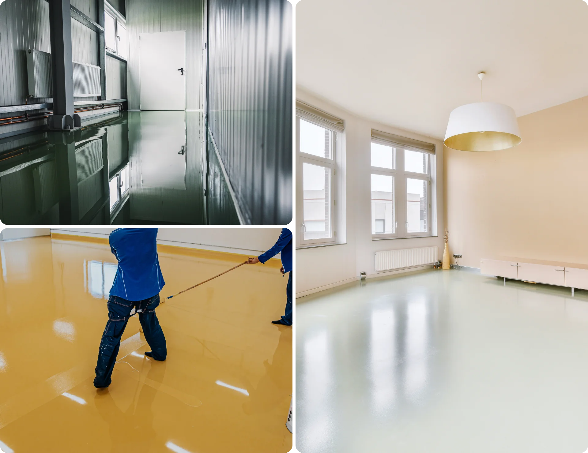 Epoxy flooring results showing industrial workspace, residential room, and coated surface finishes