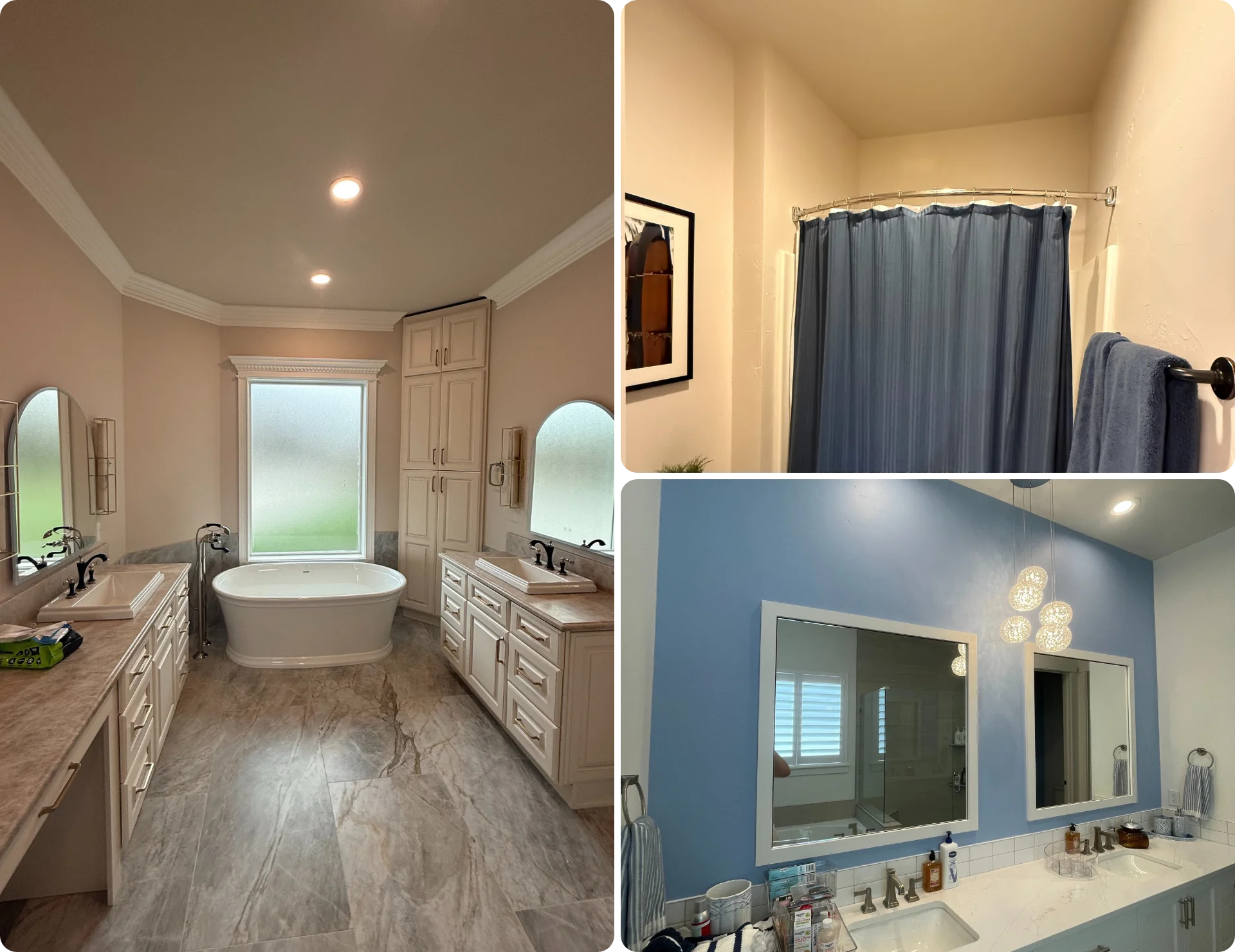 Residential interiors including bathroom, curtain area, and vanity with painted walls