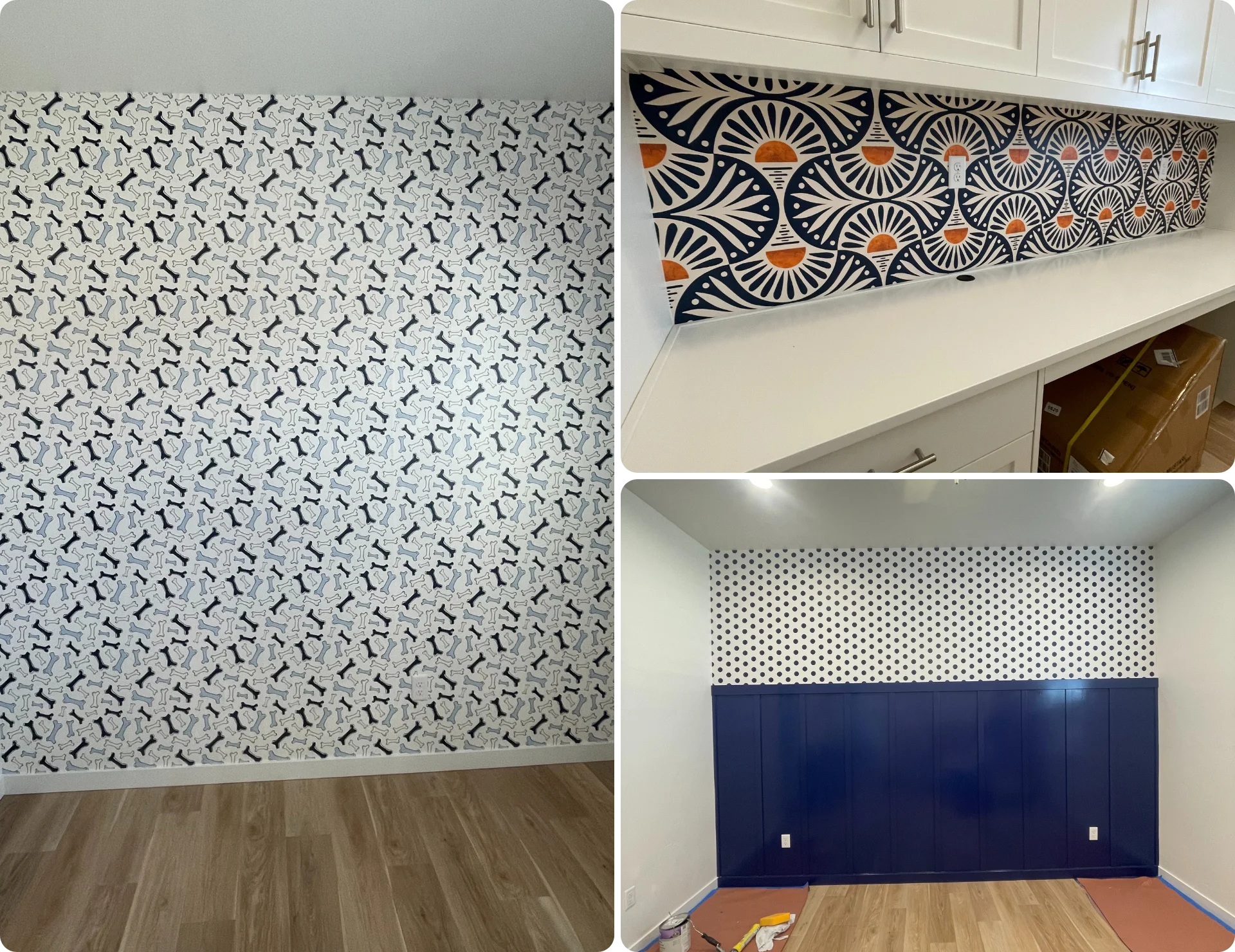 Interior walls with wallpaper patterns and decorative finishes