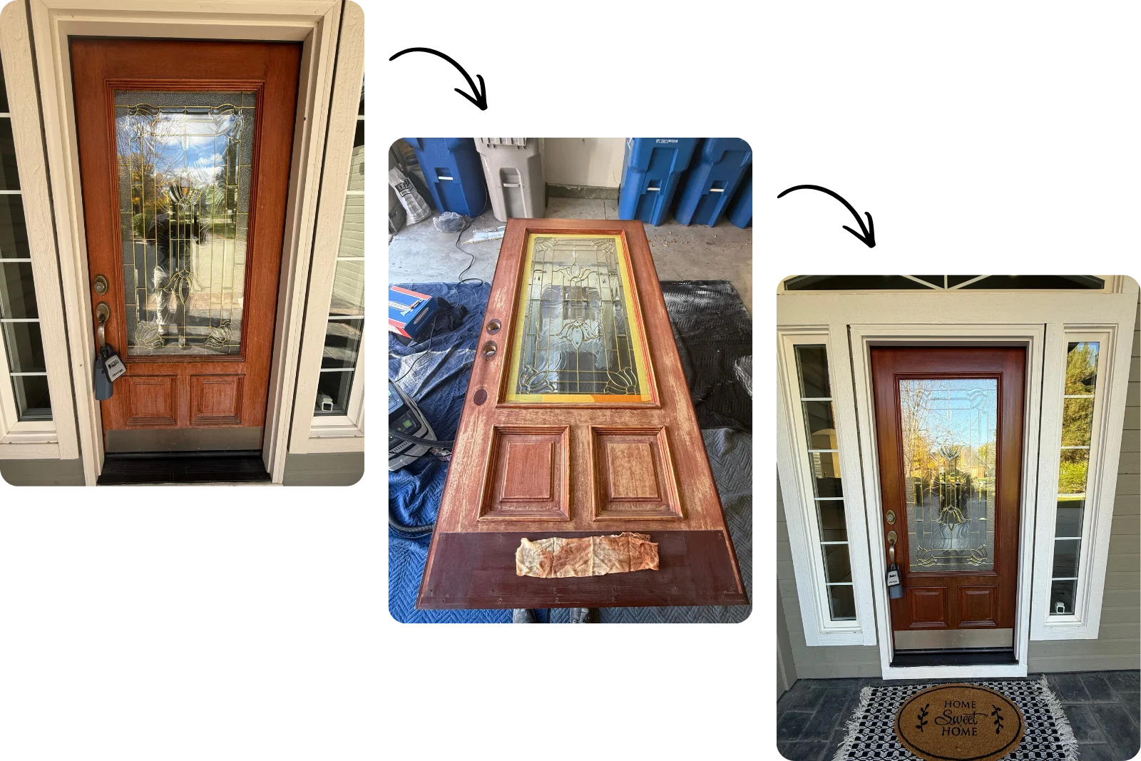 Front doors showing wood staining process from original surface to finished stained result