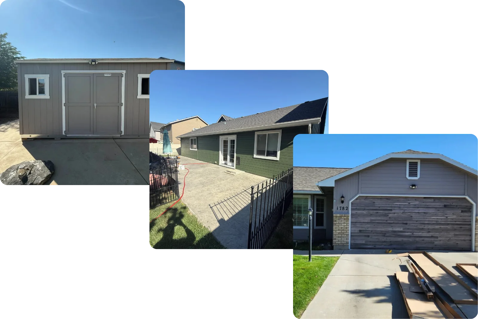 Exterior painting results showing siding, garage doors, and full home finishes