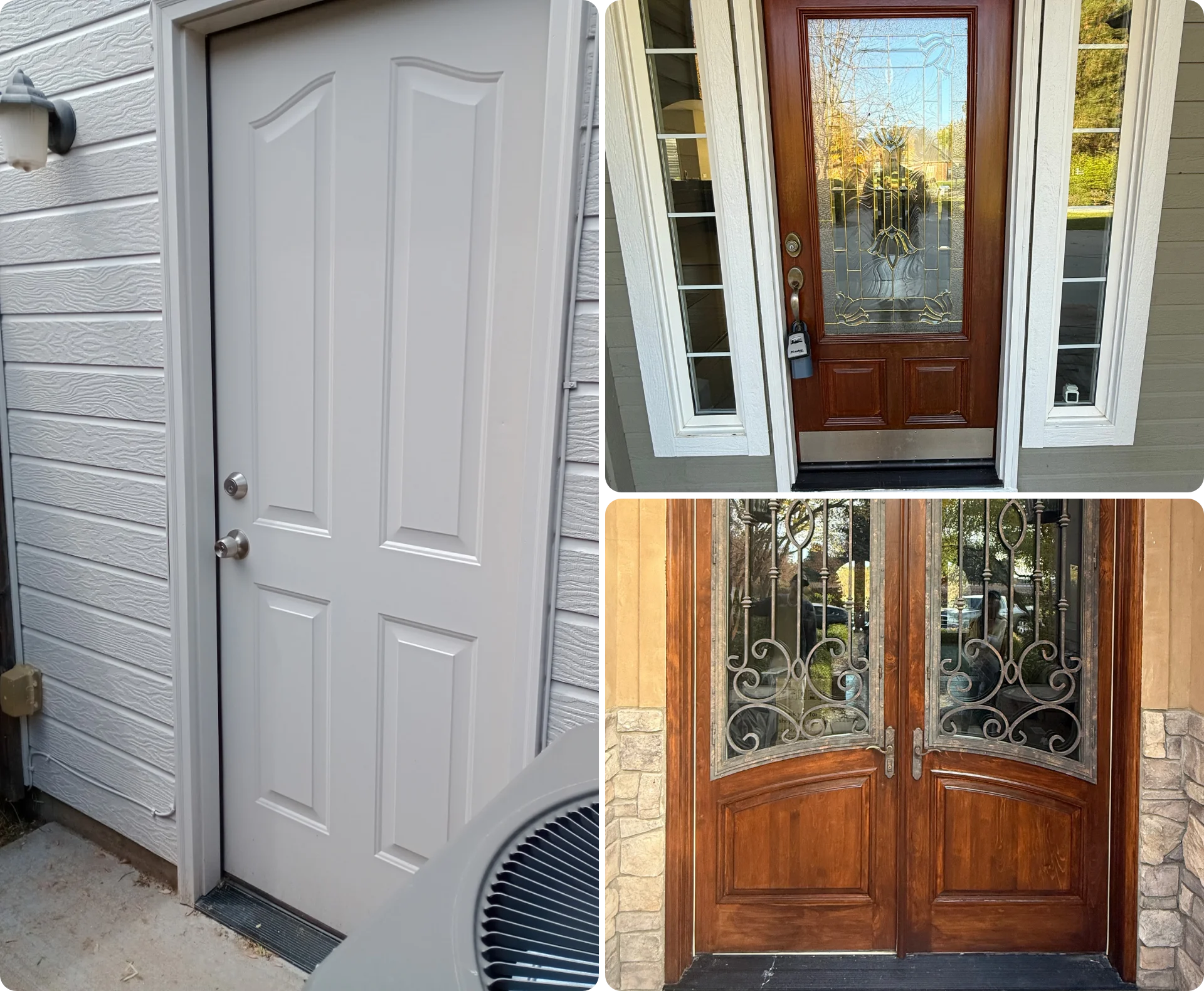 Exterior doors showing painted surface, stained wood finish, and detailed glass panel design
