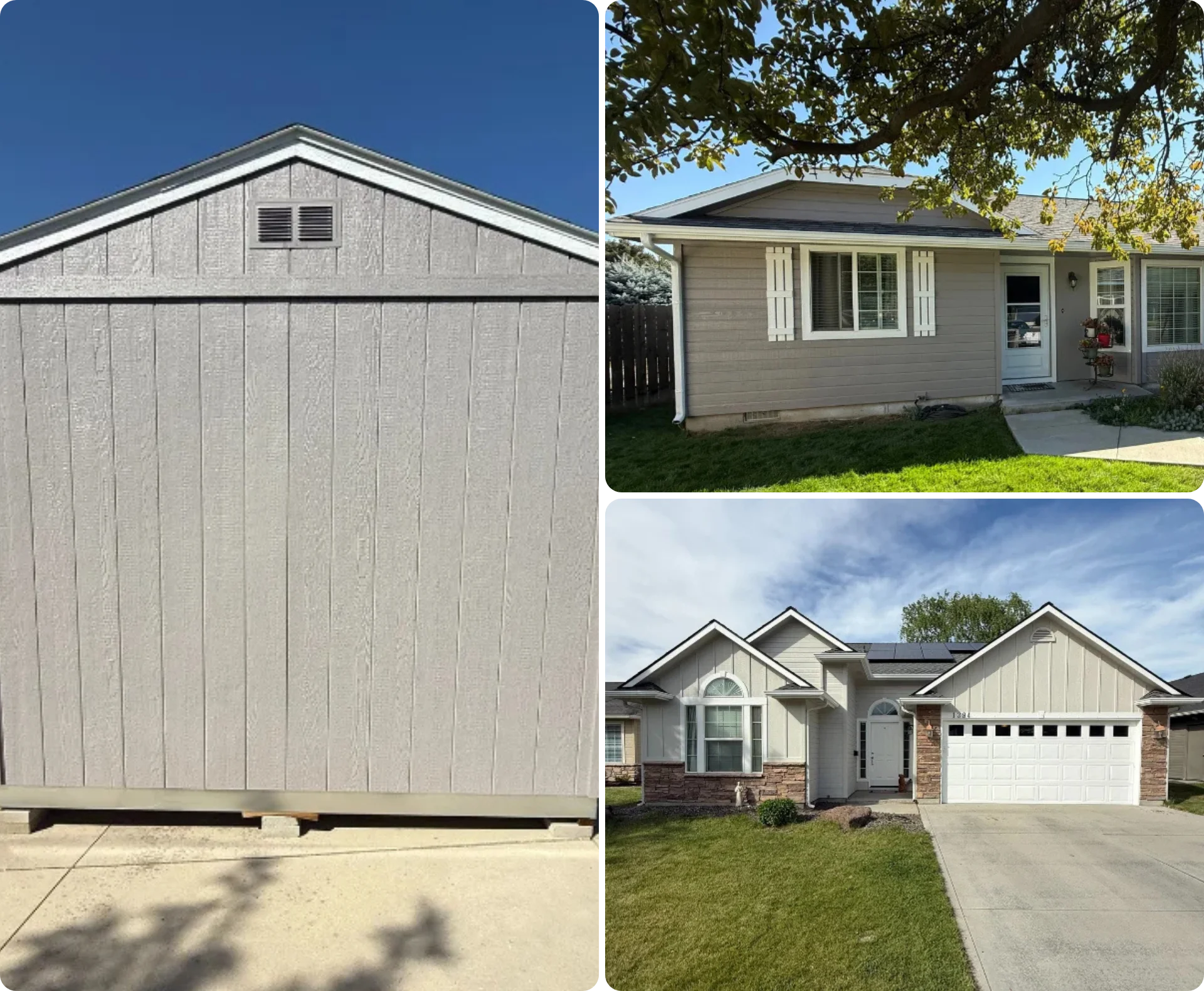 Residential exteriors including siding, trim, and garage surfaces with painted finishes